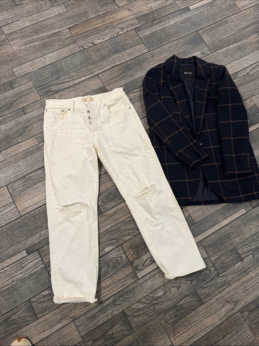 White Distressed Button-Fly Jeans and madewell  blazer